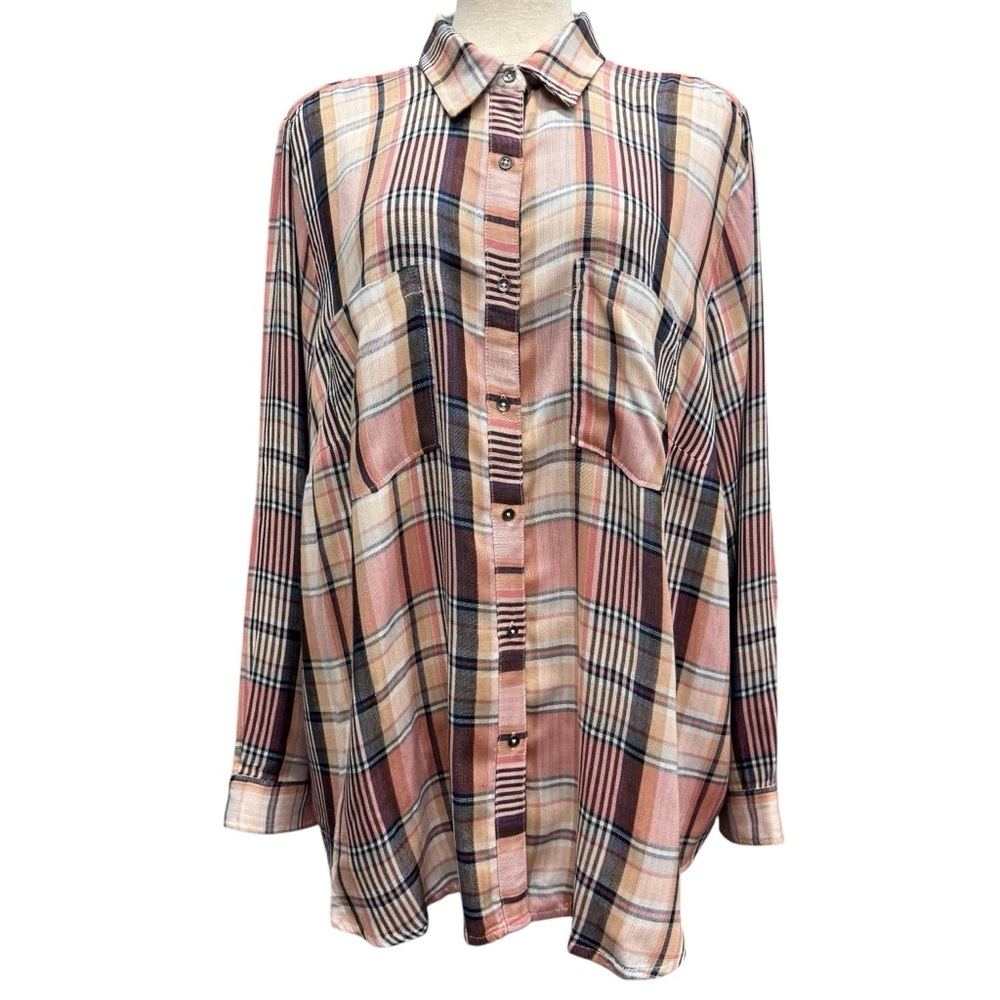 Lucky Brand Cloud Plaid Button Up Shirt Boyfriend Women's 3X Pink Double Fabric - Picture 1 of 13